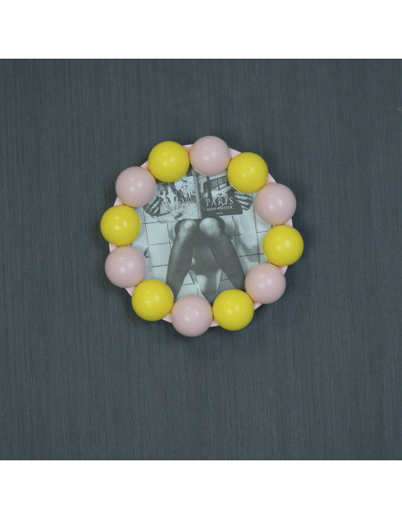 Cadre photo rond mural ou à poser en MDF rose clair et jaune 14,5x14,5 cm Bubbles