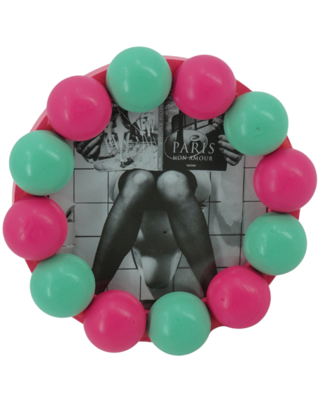 Cadre photo rond mural ou à poser en MDF rose fluo et menthe 14,5x14,5 cm Bubbles