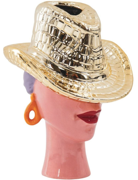 Vase tête femme chapeau cowboy en céramique dorée...