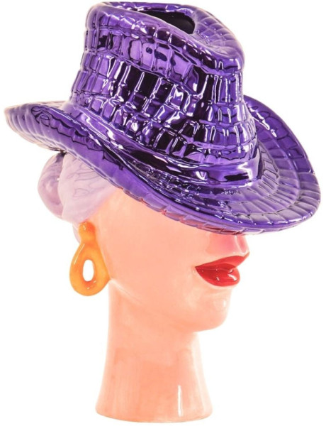 Vase tête femme chapeau cowboy en céramique violette...
