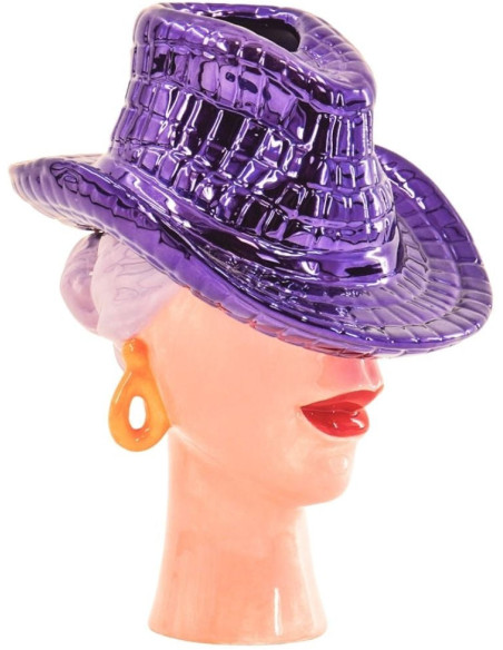 Vase tête femme chapeau cowboy en céramique violette 19x16x23,5 cm Western