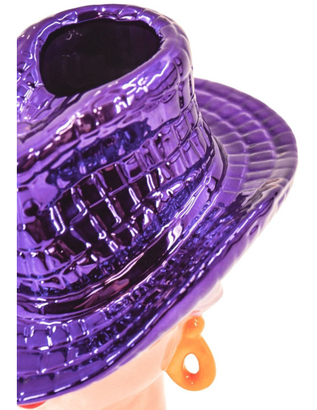 Vase tête femme chapeau cowboy en céramique violette 19x16x23,5 cm Western