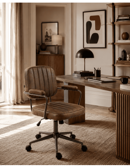 Fauteuil de bureau à roulettes en polyuréthane cognac et métal noir Atelier Noma