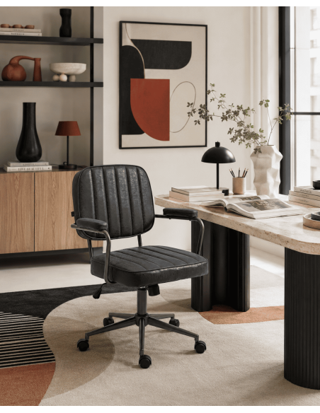 Fauteuil de bureau à roulettes en polyuréthane noir antique et métal noir Atelier Noma