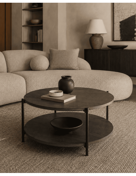 Table basse ronde double plateau gris anthracite en bois plaqué et métal noir Ø80x40 cm Méridiane