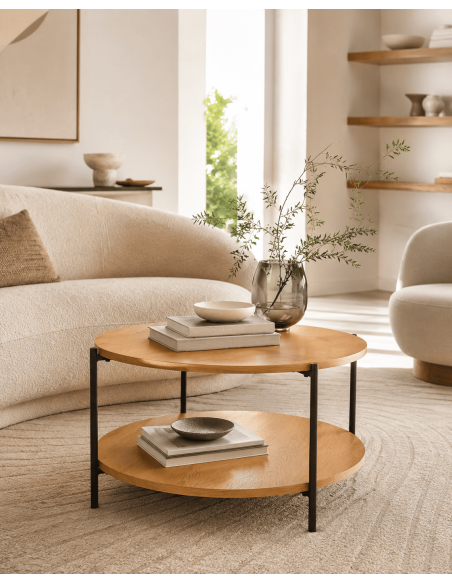 Table basse ronde double plateau bois naturel et métal noir Ø80x40 cm Méridiane
