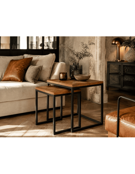 Ensemble 2 tables gigognes d’appoint en bois de mindi marron et métal noir Liorne