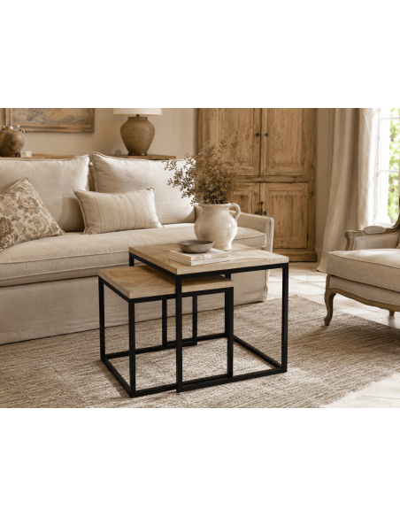 Ensemble 2 tables gigognes d’appoint bois de mindi naturel et métal noir Liorne