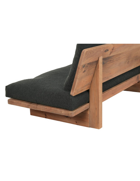 Canapé droit en pin recyclé naturel avec coussins noirs déhoussables 195x90x78 cm Nerio