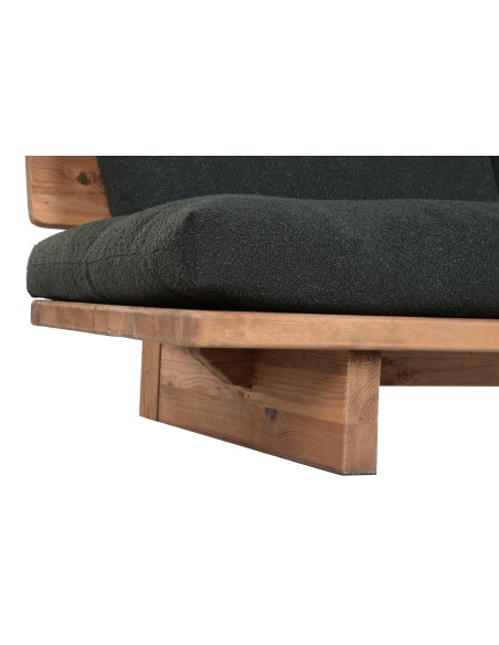 Canapé droit en pin recyclé naturel avec coussins noirs déhoussables 195x90x78 cm Nerio