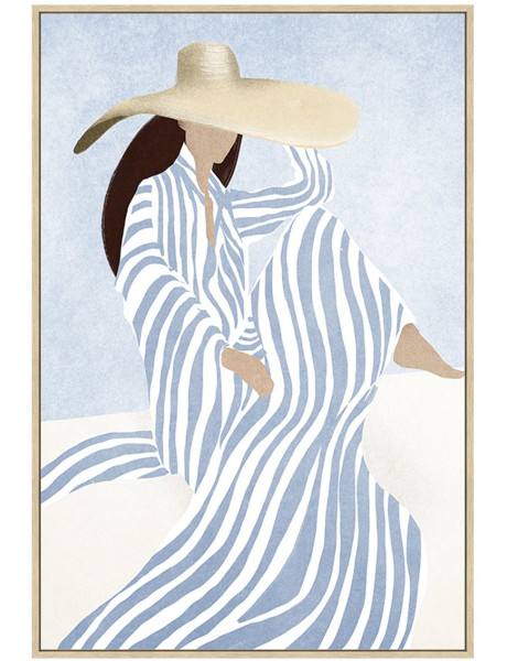 Toile peinte encadrée femme au chapeau bleu 60 x 90 cm Élyra
