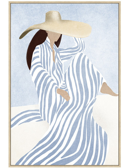 Toile peinte encadrée femme au chapeau bleu 60 x 90 cm Élyra
