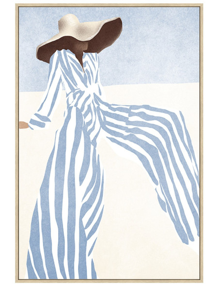 Toile peinte femme au chapeau cadre bois 60 x 90 cm Soléna
