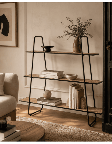 Étagère métal noir et cannage 3 niveaux 120 x 27 x 120 cm Madura