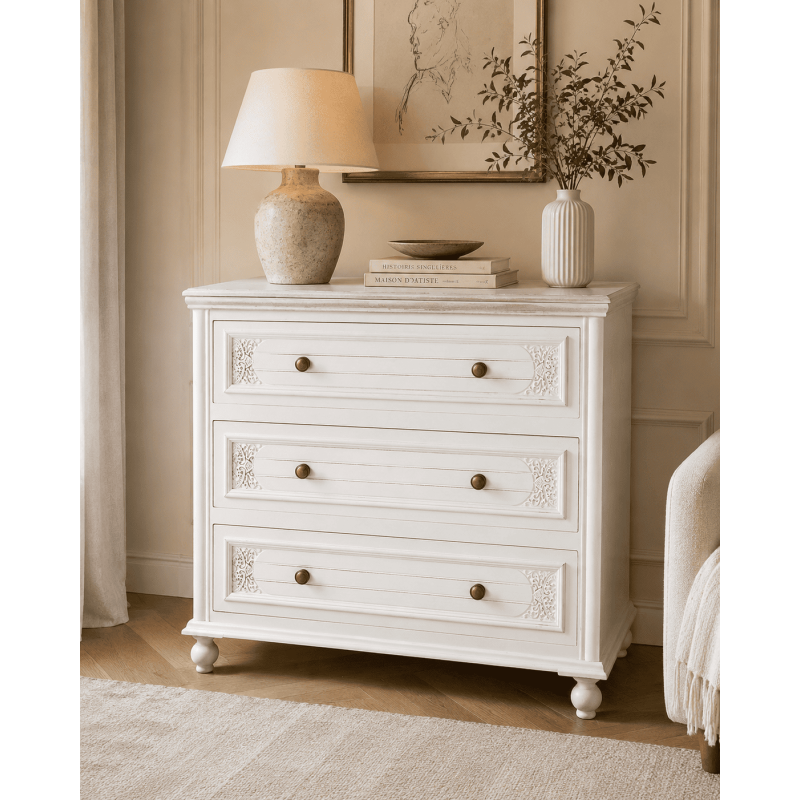 Commode blanche en bois 3 tiroirs 80...