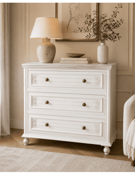 Commode blanche en bois 3 tiroirs 80 x 40 x 78 cm Aubeline