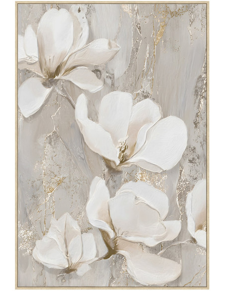 Tableau fleurs blanches sur toile cadre bois naturel 80x120 cm Éloria