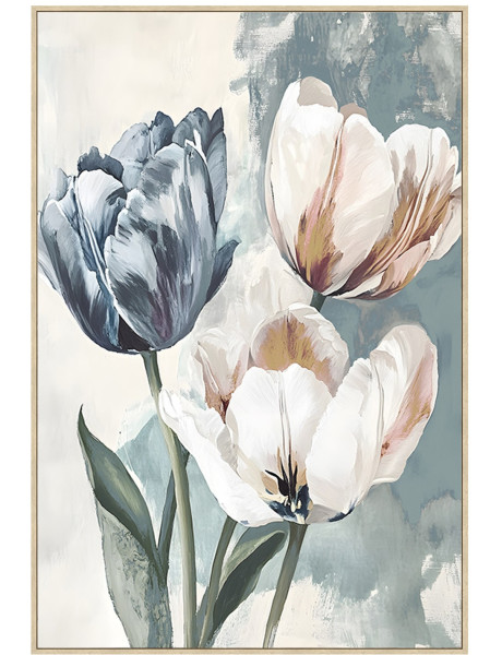 Tableau fleurs sur toile bleu grisé cadre bois naturel...