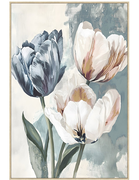 Tableau fleurs sur toile bleu grisé cadre bois naturel 80x120 cm Orlina