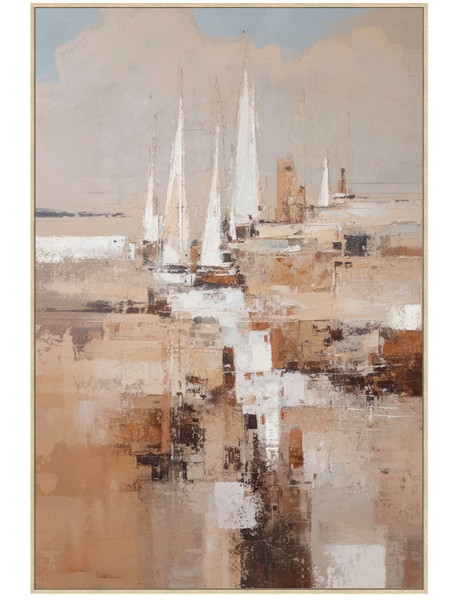 Tableau abstrait voiliers beige cadre bois naturel 80x120...