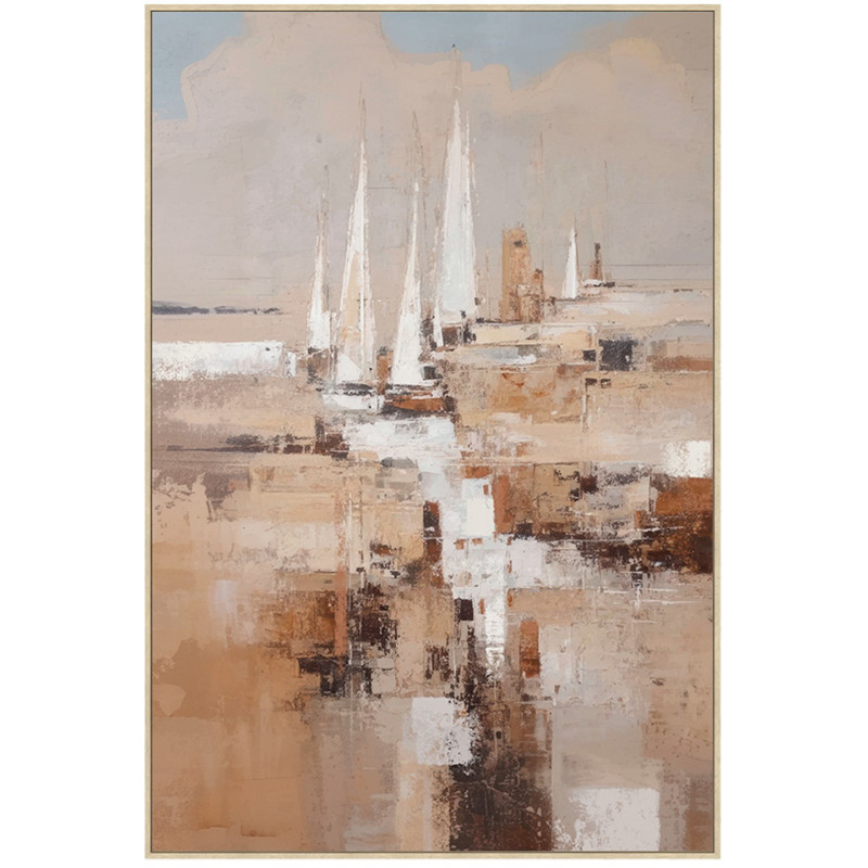 Tableau abstrait voiliers beige cadre...