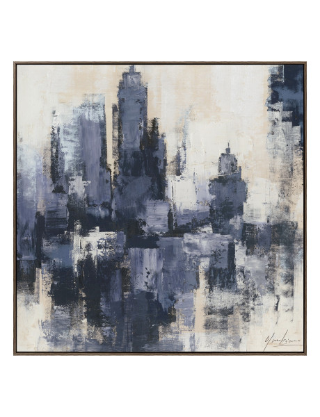 Tableau skyline abstrait bleu cadre bois 120x120 cm Urbélia