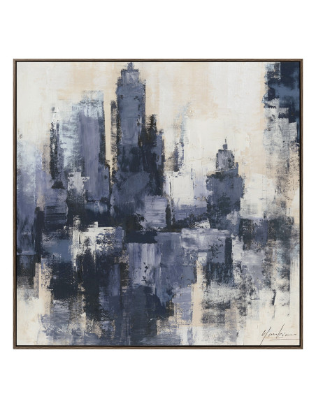 Tableau skyline abstrait bleu cadre bois 120x120 cm Urbélia