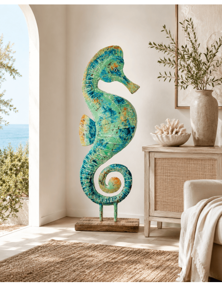 Sculpture hippocampe en fer patiné turquoise 163 cm Marélys
