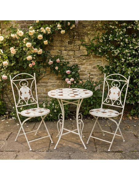 Salon de jardin 2 places en fer crème et céramique Ø60 cm Floréane