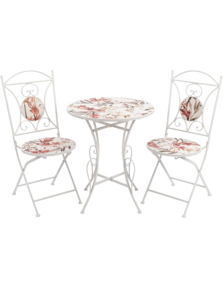 Salon de jardin 2 places en fer crème et céramique florale Ø60 cm Rosélia