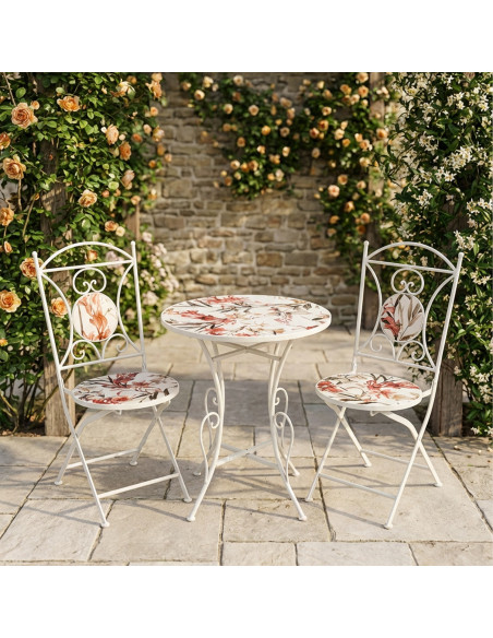 Salon de jardin 2 places en fer crème et céramique florale Ø60 cm Rosélia