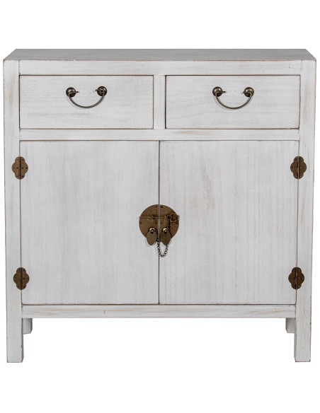 Meuble d’entrée en bois blanc décapé 2 tiroirs 2 portes 80x30x81 cm Linoréa