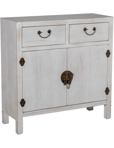 Meuble d’entrée en bois blanc décapé 2 tiroirs 2 portes 80x30x81 cm Linoréa