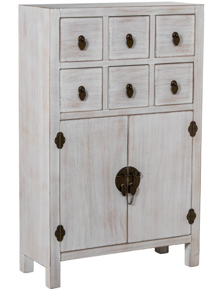 Meuble d’entrée blanc décapé en bois 6 tiroirs 2 portes 63x26x100 cm Linoréa
