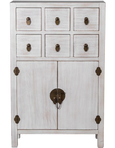 Meuble d’entrée blanc décapé en bois 6 tiroirs 2 portes 63x26x100 cm Linoréa