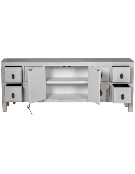 Meuble TV blanc décapé en bois 8 tiroirs 2 portes 130x24x50 cm Linoréa