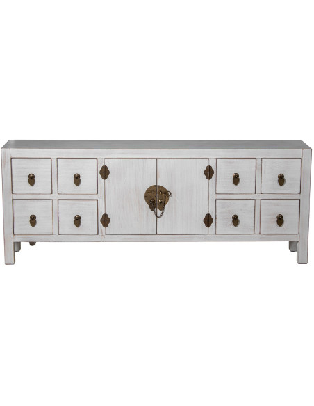 Meuble TV blanc décapé en bois 8 tiroirs 2 portes 130x24x50 cm Linoréa