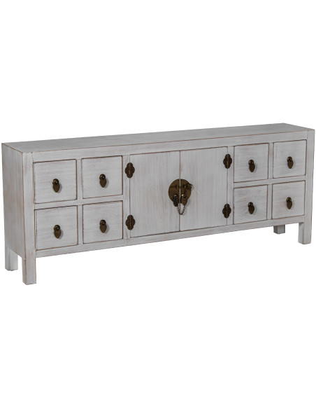 Meuble TV blanc décapé en bois 8 tiroirs 2 portes 130x24x50 cm Linoréa