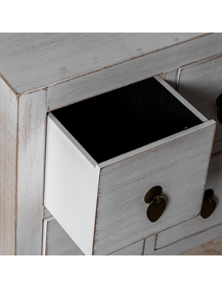 Meuble TV blanc décapé en bois 8 tiroirs 2 portes 130x24x50 cm Linoréa