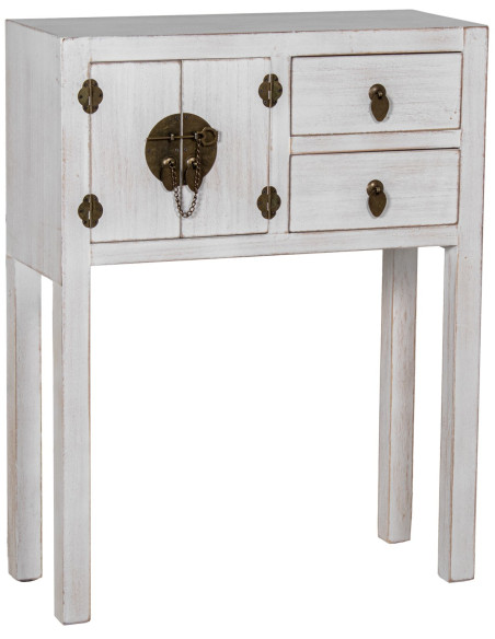 Meuble d’entrée bois blanc décapé 2 tiroirs 2 portes 63x26x82 cm Linoréa