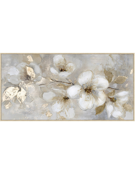 Tableau mural fleurs blanches dorées sur toile 140x70 cm Auréliane
