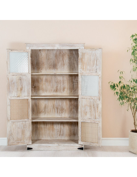 Armoire blanche en manguier et cannage rotin 100x40x180 cm Anjara