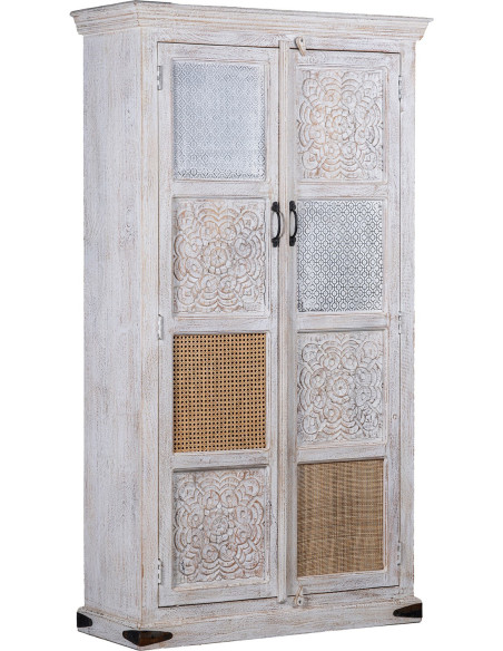Armoire blanche en manguier et cannage rotin 100x40x180 cm Anjara