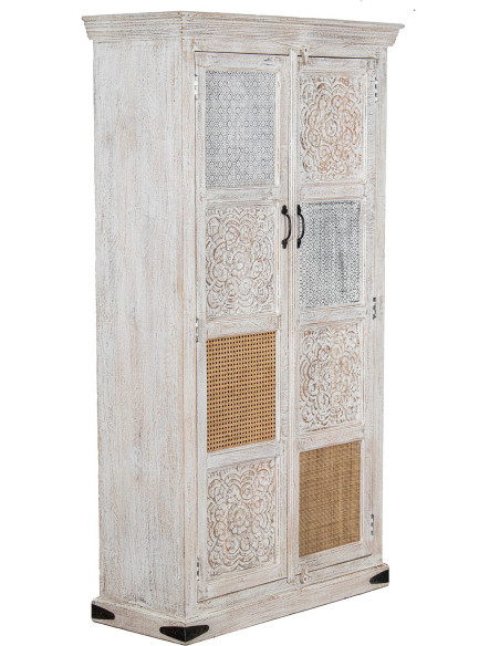 Armoire blanche en manguier et cannage rotin 100x40x180 cm Anjara