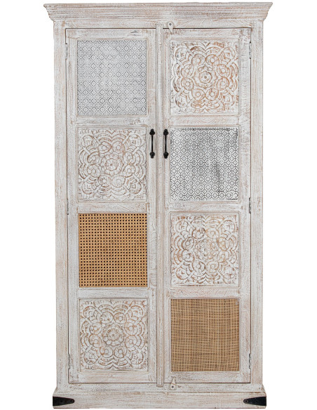 Armoire blanche en manguier et cannage rotin 100x40x180 cm Anjara