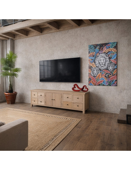 Meuble TV bois naturel 8 tiroirs 133x25,5x50,5 cm Caladéa