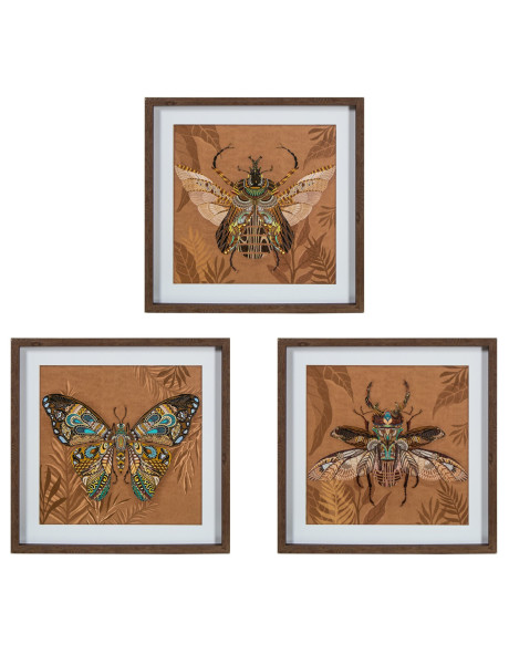 Lot de 3 tableaux insectes terracotta sur toile cadre...