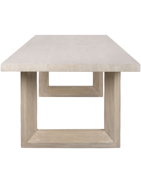 Table à manger travertin et bois d’orme clair 220x100 cm Orvane