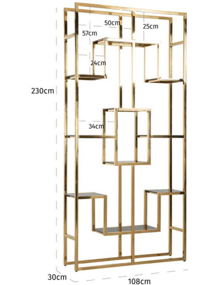 Étagère vitrine dorée en verre et acier inoxydable 108x30x230 cm Magnus