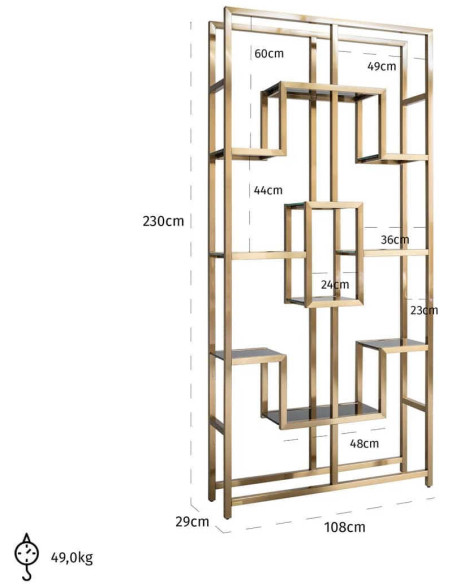 Étagère vitrine dorée brossée en verre et acier inoxydable 108x29x230 cm Magnus